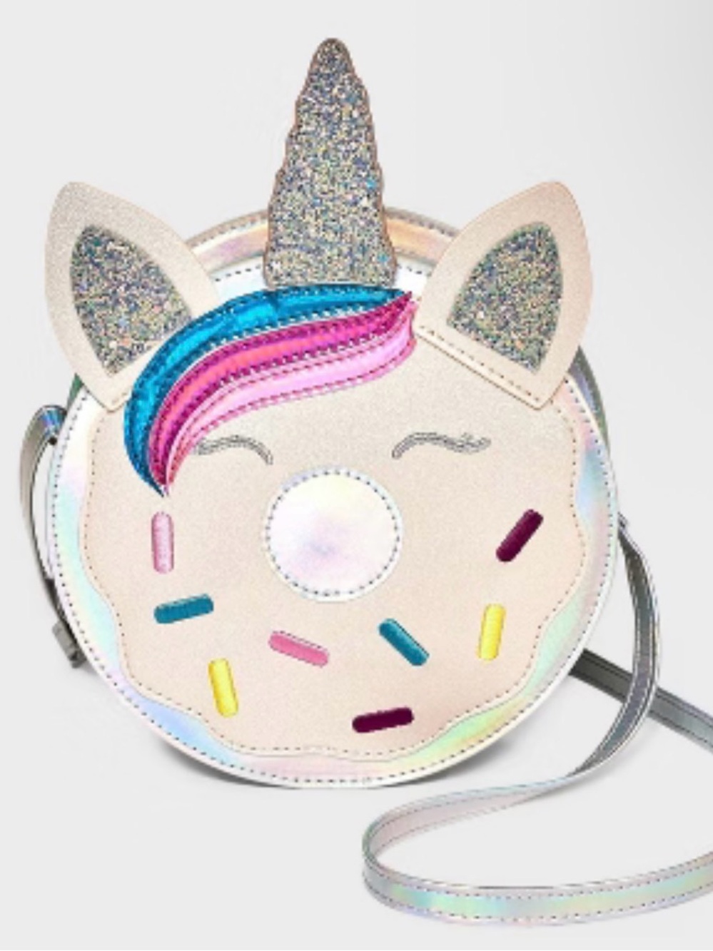 Cat & Jack Unicorn Donut Crossbody Bag Girls Glitter Rainbow Iridescent Purse